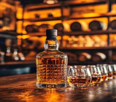 A whiskey bottle and glass on a wooden bar counter with warm lighting.